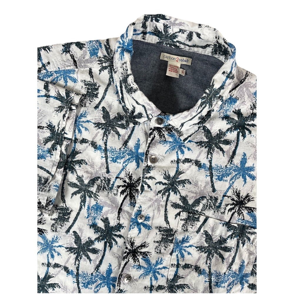Carbon 2 Cobalt Palm Tree Print Short Sleeve Button Up Shirt 100% cotton Men's L